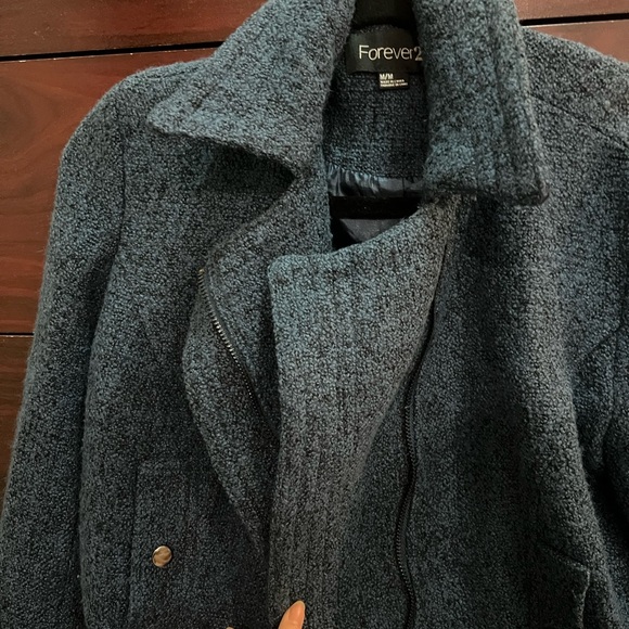 Forever 21 wool-blend moto jacket in a teal blue/grey tweed material. - Picture 3 of 4